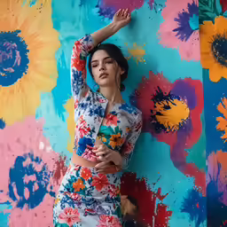 a woman leaning against a wall, posing for the camera