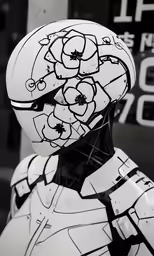 a man is wearing a helmet and holding flowers