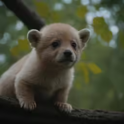 a brown baby bear sitting on a tree branch