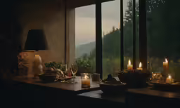 candles sit in front of a window overlooking the valley
