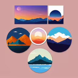 six circles with a sunset, mountains and the moon,a variety of stickers featuring mountain landscape designs