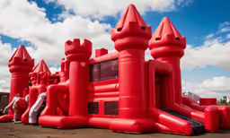 a red inflatable playground is displayed with some sand and a white slide