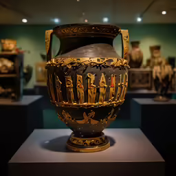 an old vase sitting on display in a museum