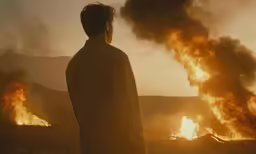 the man standing in front of the fire is looking at it