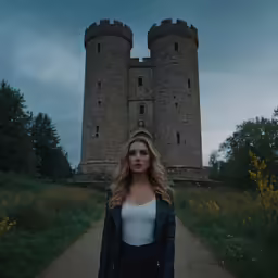 a woman in white top posing in front of a castle