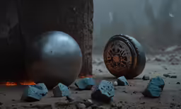 a ball and some rocks next to it in the woods
