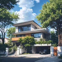 an elegant home sits in the middle of trees