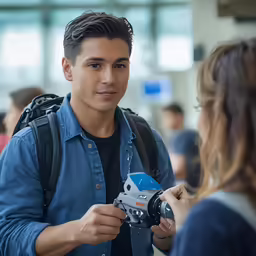 a boy is showing another girl something on his camera