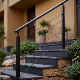 stairs and railings with plants in the foreground