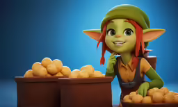 the animation character elf is standing next to a pile of potatoes
