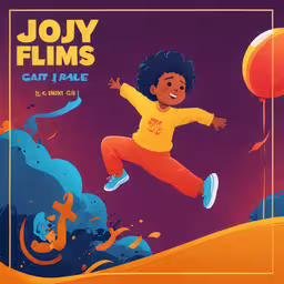 a cartoon character jumping through the air with orange and blue,the book cover for joy films, featuring an african girl flying
