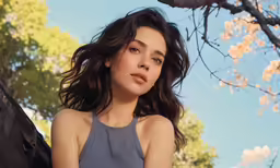 a woman posing next to a tree with trees in the background