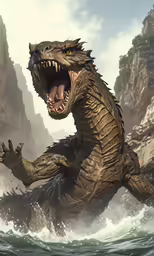 the large crocodile is standing in the water near some mountains
