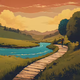 a path and man on the other side of the pond,man walking along a stone path past a river under a colorful sky