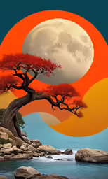 a colorful art painting shows an orange moon, blue waters, and a tree