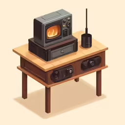 the computer desk has an old fashioned television set on it