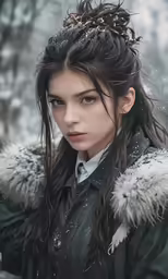 a girl with long hair wearing a coat and fur collar, and standing in the snow