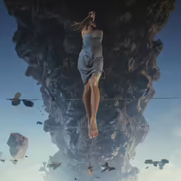 a woman wearing a gray dress flying across water