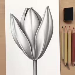 a drawing of a tulip on paper,pencils and markers near a large white flower,drawing a picture of a white tulip using colored pencils,there is an image of a flower and pencils,a pencil drawing of a tulip, with crayons next to it