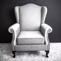 an elegant wing chair sitting on a fluffy rug