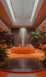 the lobby has orange furniture and plants in it
