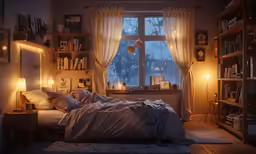an unmade bed in a bedroom with lights on