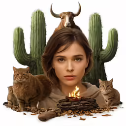 a lady surrounded by cats and a pile of candles