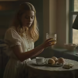 the woman is looking at her glass cup