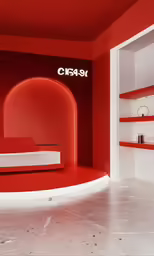 the store has a circular neon sign above a couch