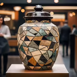 an ornate looking stone vase sitting on display