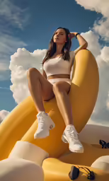 the girl is sitting on a giant banana,