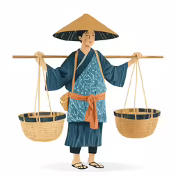an asian man carrying two bamboo baskets on his back