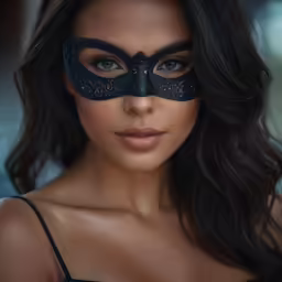 woman with dark hair wearing a masquerade with dark make up