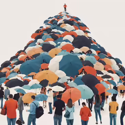 a giant pyramid of people with umbrellas