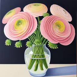 the painting depicts a vase full of pink roses,a painting of pink flowers in a vase,the flowers are in the clear vase by the wall,a painting of a vase with paper flowers in it,an acrylic painting of pink flowers in a clear vase