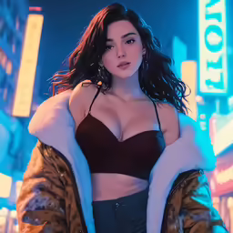 a woman in a cropped bra top and fur jacket posing for a camera