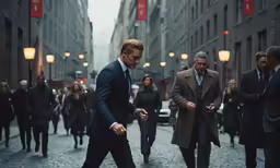 the men walk down a busy city street