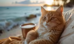 a cat laying on top of a bed next to a cup