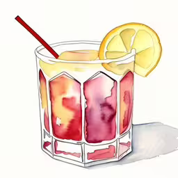 a watercolor drawing of an alcohol type drink,a watercolor sketch of a colorful, refreshing drink with a lemon wedge