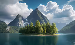 the water is reflecting trees and mountains in the sky