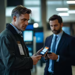 two men standing in a lobby looking at something on their cell phones