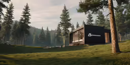 a small black house on a hill with trees