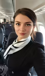 a woman with a black top sitting in the airplane