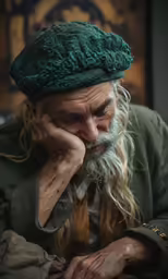 a man with long white hair and green beard sitting down