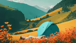 a man in field with mountains behind him,a person laying in a field with a tent