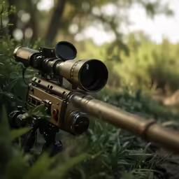 a closeup of a rifle and some trees