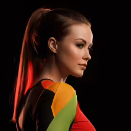 an image of a woman in a rainbow shirt