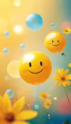 some flowers and bubbles with smiles on them