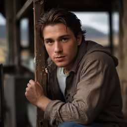 a male in a tan jacket sitting down