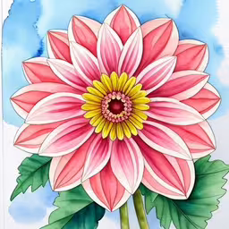 an artfully painted flower on a blue background,a pink flower is painted on watercolor paper,a watercolor painting of a large pink flower,a watercolor drawing of a pink and white flower,a watercolor painting of a large flower with green leaves around it
